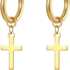 Gold Stainless Steel Cross Earrings Minimalist Cross Hoop Religious Fashion Set